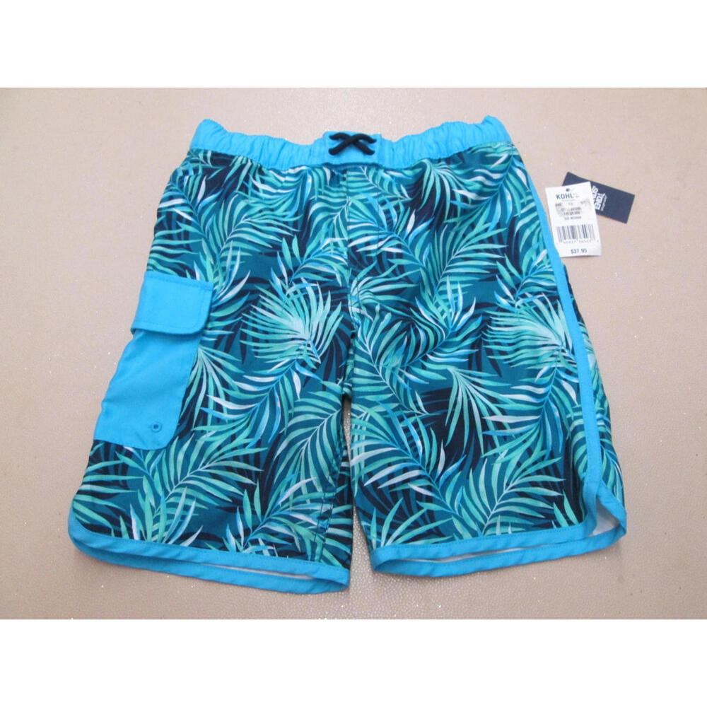 Lands End Kids Swim Trunks Size M 8 Blue Palm Leaf UPF 50 NWT Kohls